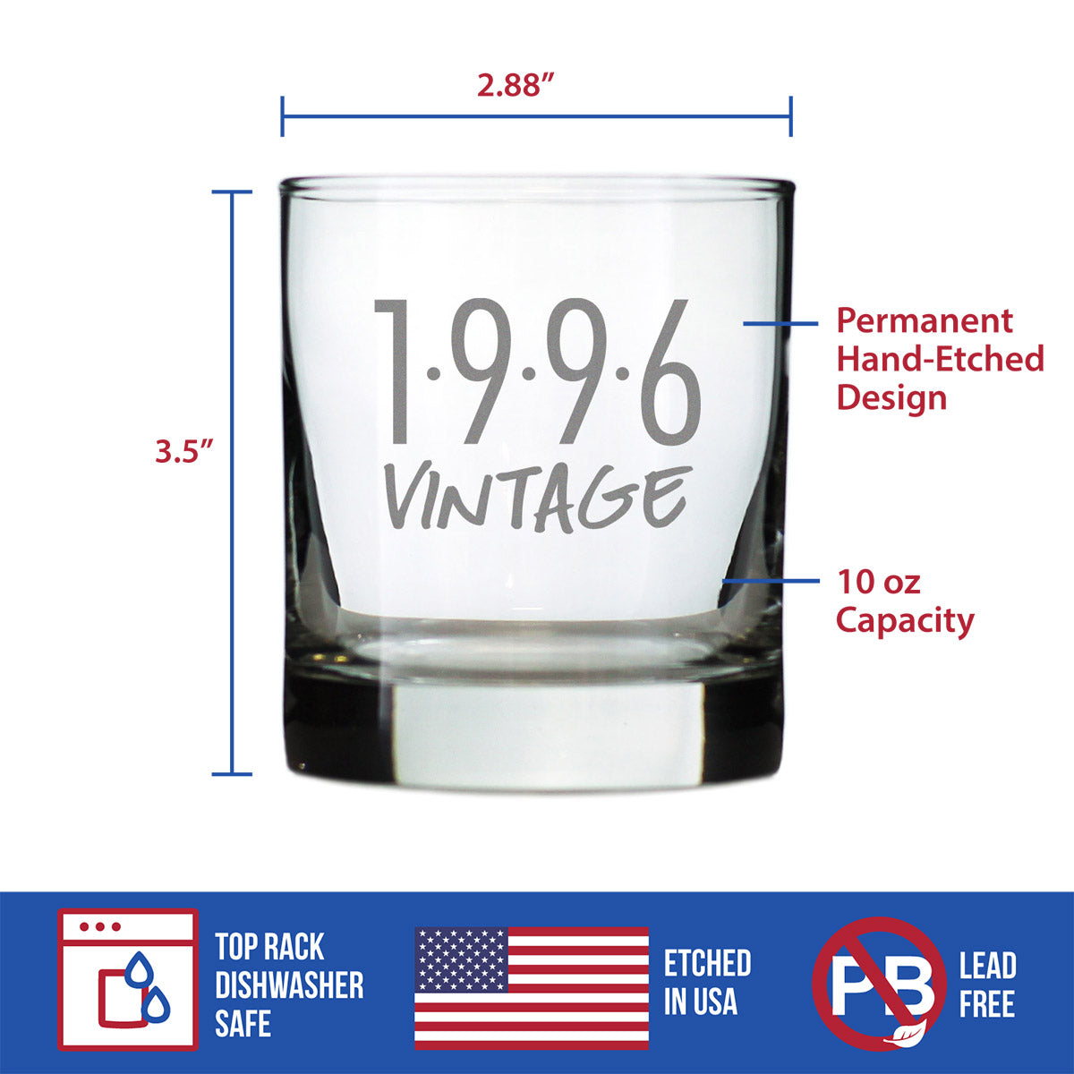 Vintage 1996 - Fun 29th Birthday Whiskey Rocks Glass Gifts for Men & Women Turning 29 - Retro Whisky Drinking Tumbler