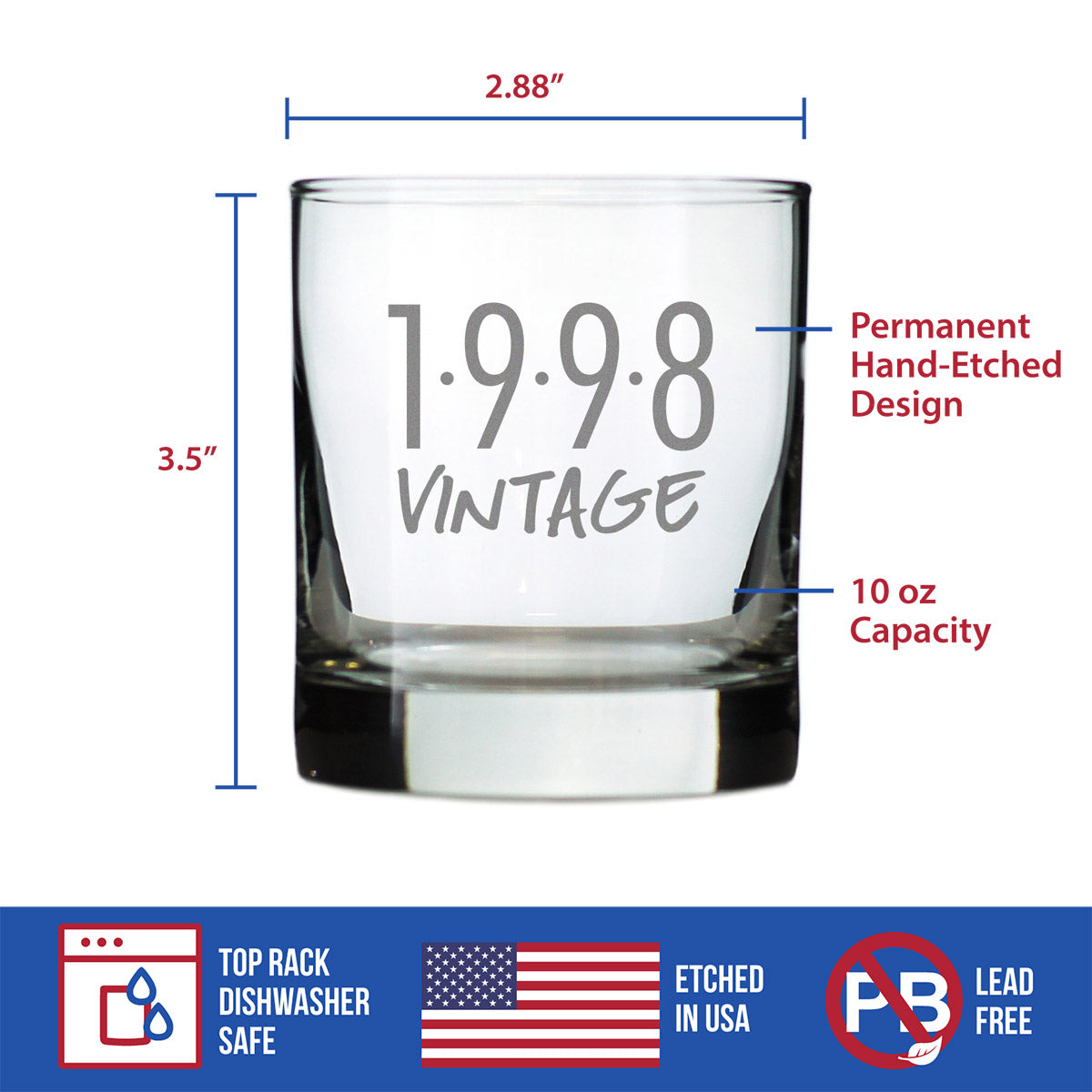 Vintage 1998 - Fun 27th Birthday Whiskey Rocks Glass Gifts for Men & Women Turning 27 - Retro Whisky Drinking Tumbler