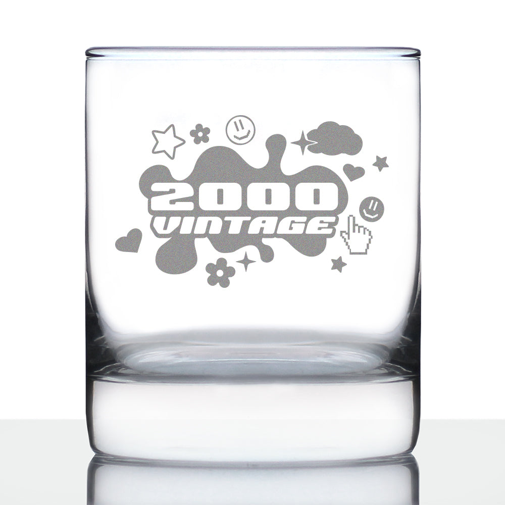 Vintage 2000 - Fun 25th Birthday Whiskey Rocks Glass Gifts for Men & Women Turning 25 - 10.25 Oz Whisky Tumbler Glasses