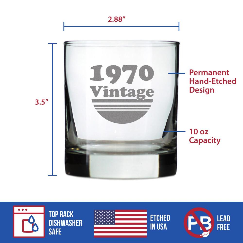 Vintage 1970 - Fun 55th Birthday Whiskey Rocks Glass Gifts for Men & Women Turning 55 - Retro Whisky Drinking Tumbler