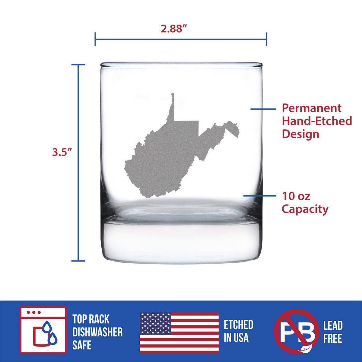 West Virginia State Outline Whiskey Rocks Glass - State Themed Drinking Decor and Gifts for West Virginian Women & Men - 10.25 Oz Whisky Tumbler Glasses