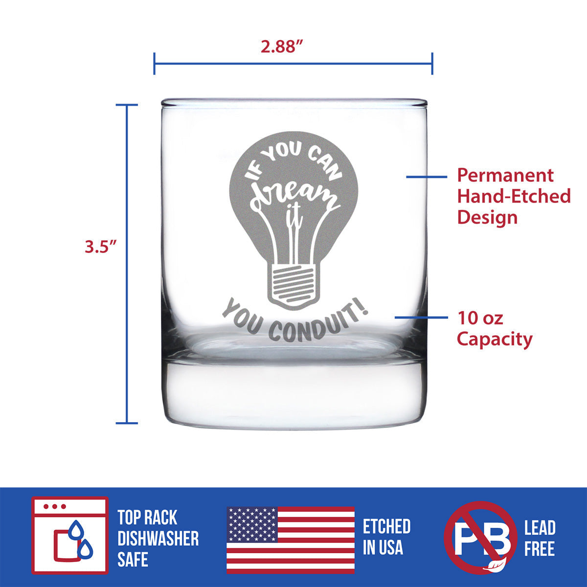 If You Can Dream You Conduit - Whiskey Rocks Glass - Funny Electrician Gifts for Journeyman - 10.25 Oz Glass