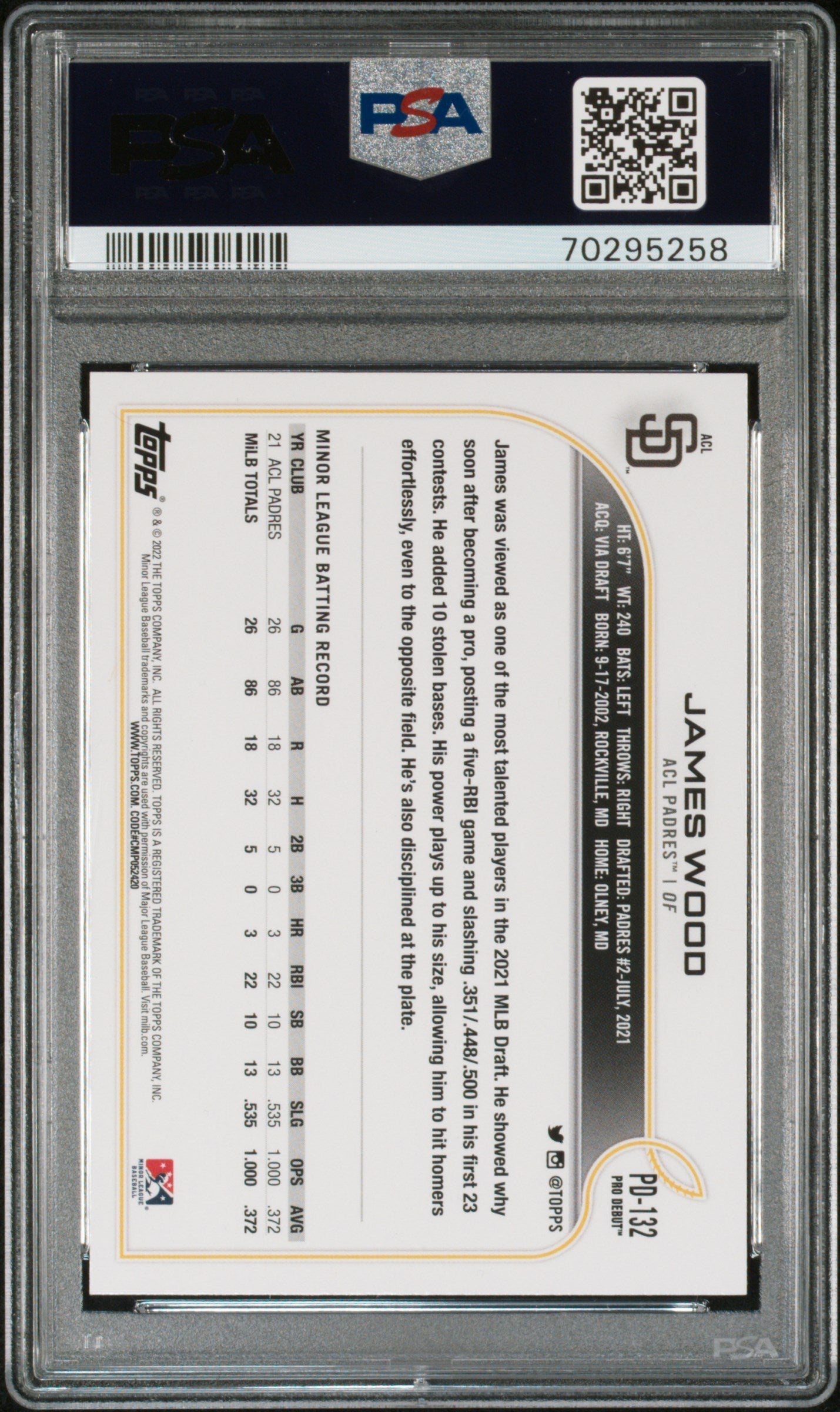 Graded 2022 Topps Pro Debut James Wood #PD132 Rookie RC Baseball Card PSA 10 Gem Mint