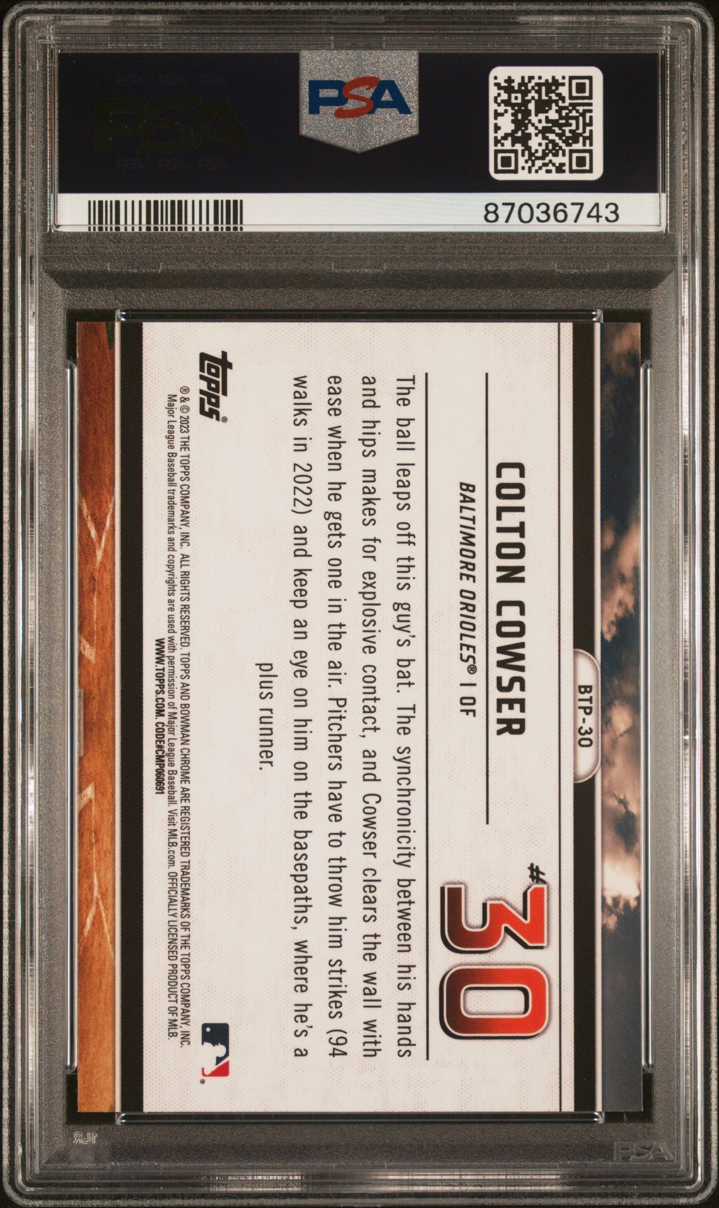 Graded 2023 Topps Bowman Colton Cowser #BTP30 Scouts Top 100 Rookie RC Baseball Card PSA 10 Gem Mint