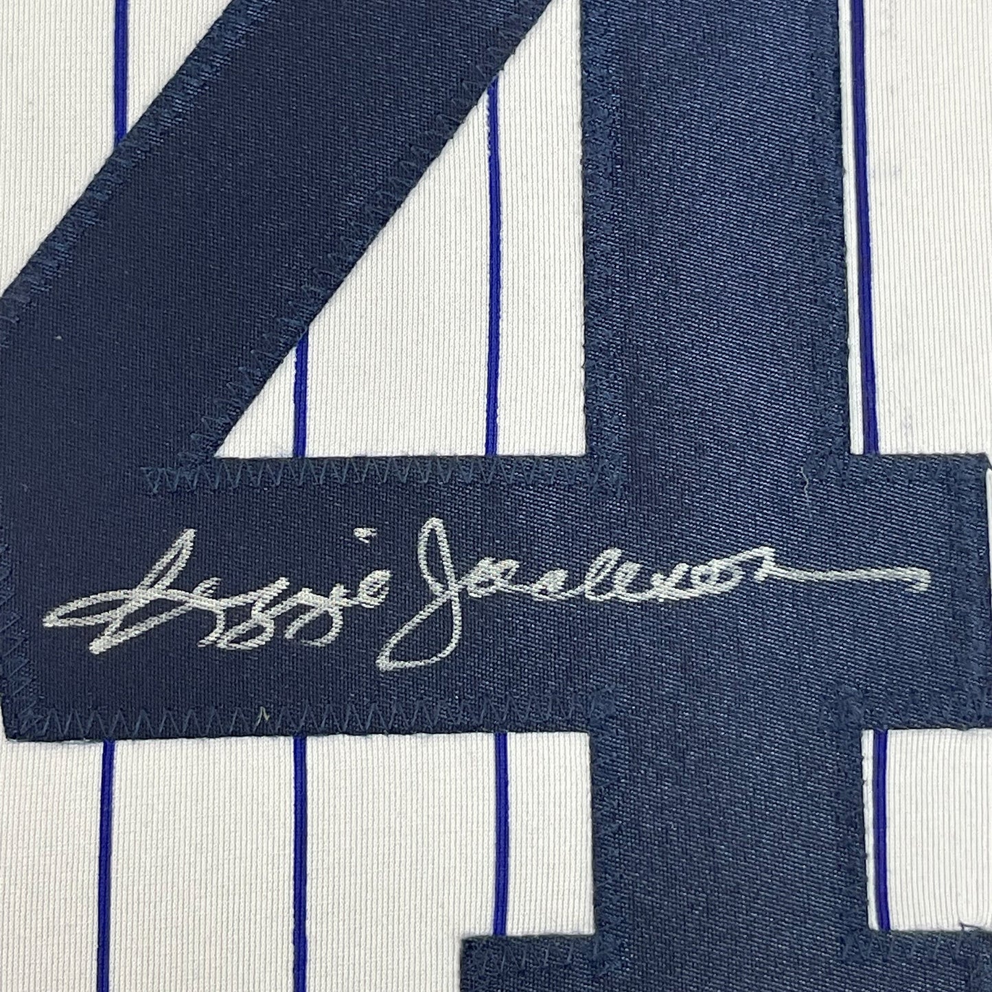Framed Autographed/Signed Reggie Jackson 35x39 New York Pinstripe Baseball Jersey JSA COA