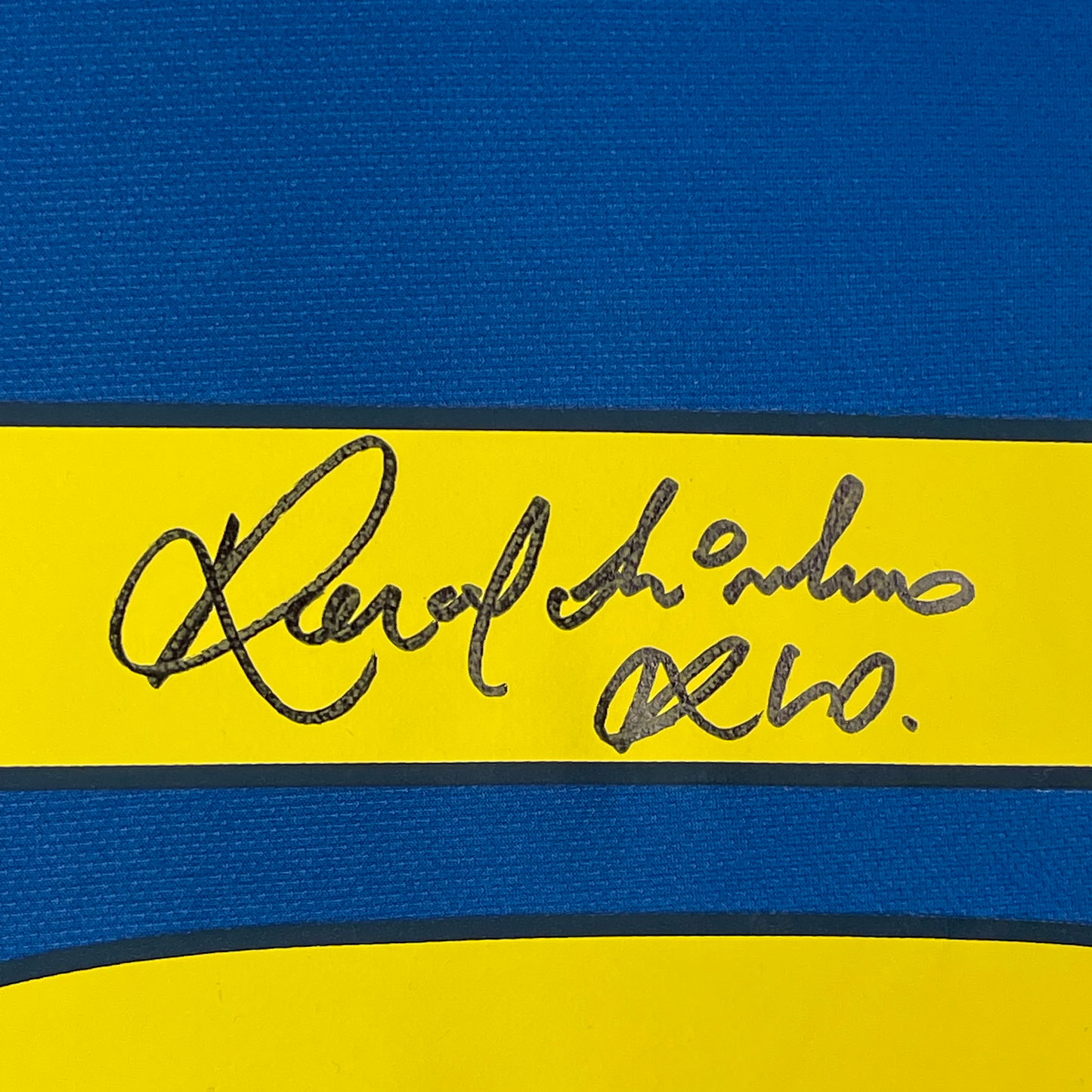 Framed Autographed/Signed Ronaldinho 35x39 FC Barcelona Red/Blue Soccer Futbol Jersey Beckett BAS COA