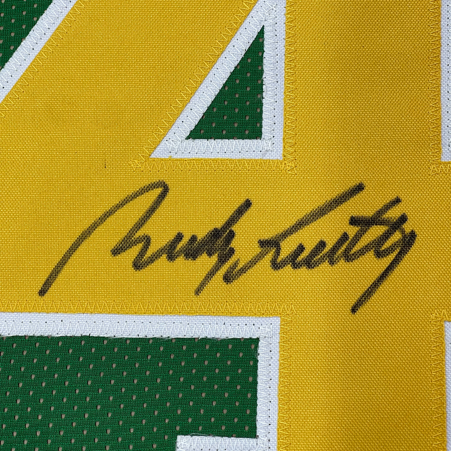 Framed Autographed/Signed Rudy Ruettiger 35x39 Notre Dame Green College Football Jersey JSA COA
