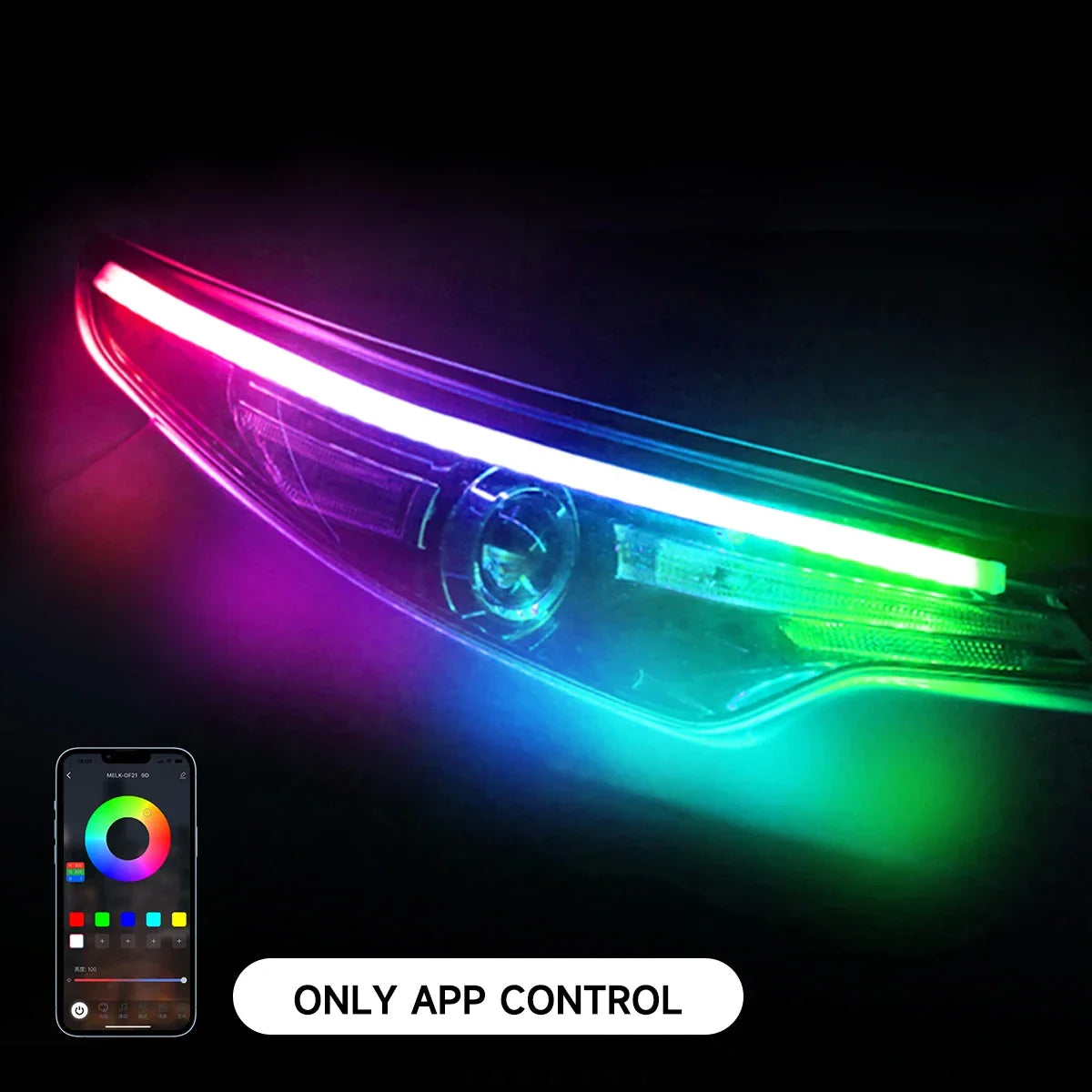 12V RGB LED Daytime Running Lights - APP Controlled, Ultra-thin Flexible Strip, 2 Pcs