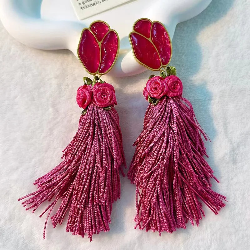 Handmade Cotton Long Tassel Earrings