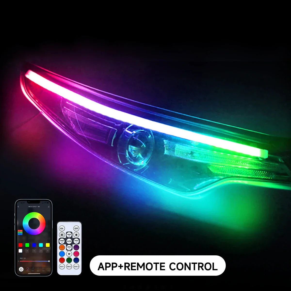 12V RGB LED Daytime Running Lights - APP Controlled, Ultra-thin Flexible Strip, 2 Pcs