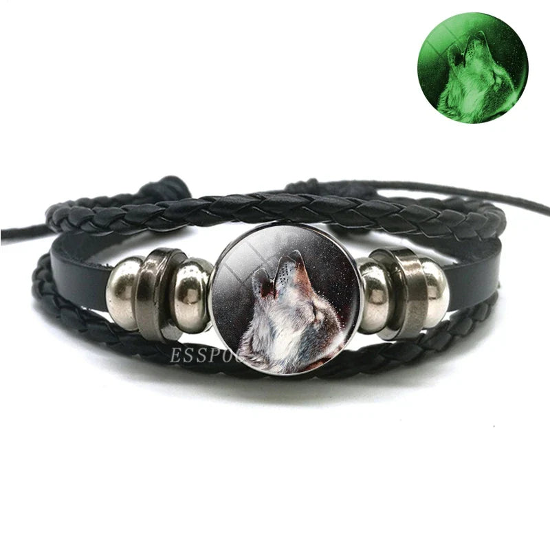 Glow In The Dark Wolf Head Bracelet Multilayer Leather Bracelet Charm Women Men Fashion Luminous Bracelets Wolf Jewelry
