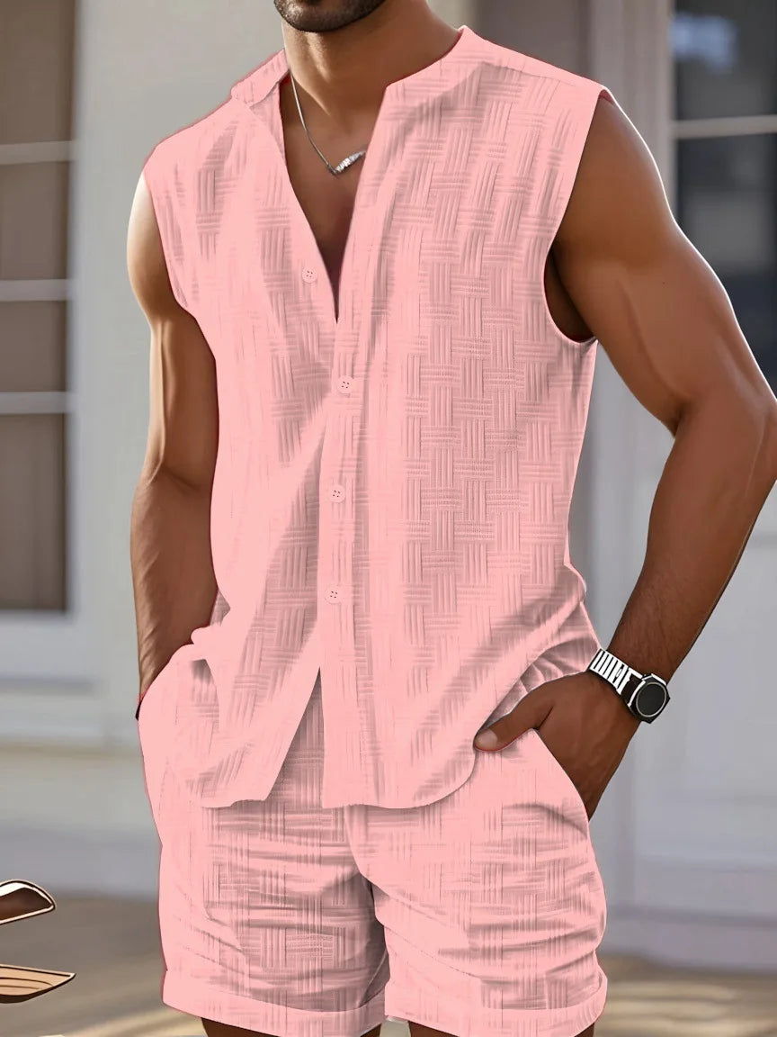 New men's casual sleeveless beach shorts sets