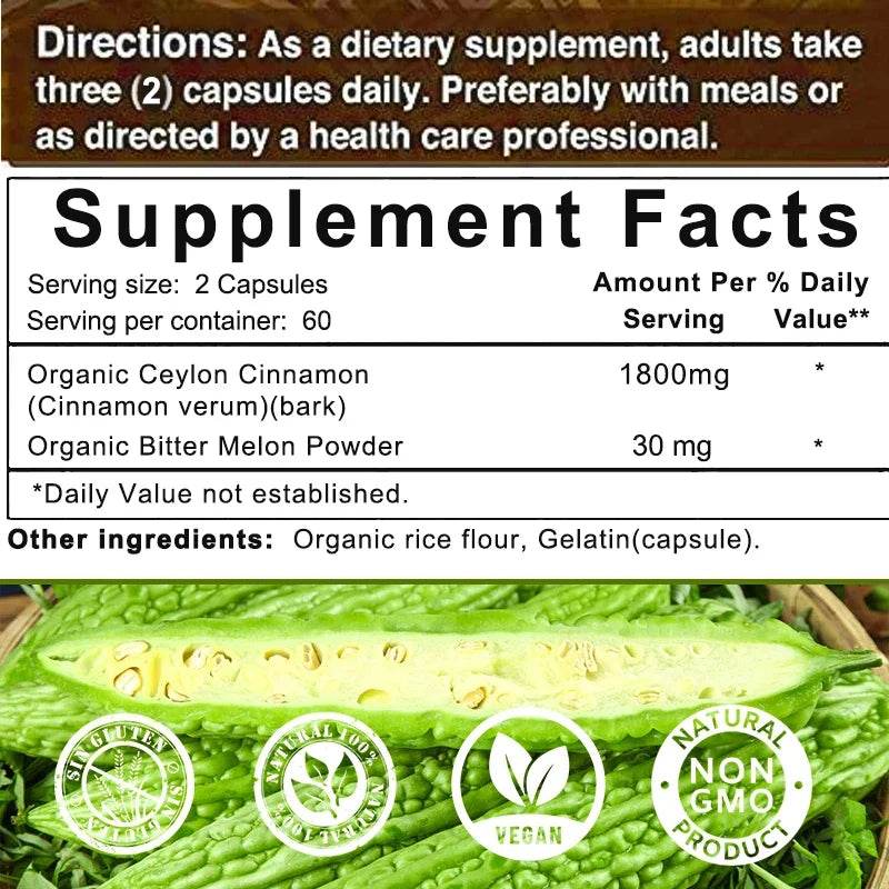 Ceylon Cinnamon Organic Bitter Melon Extract Support Healthy Blood Sugar Levels Bones Joints Antioxidant Supplement