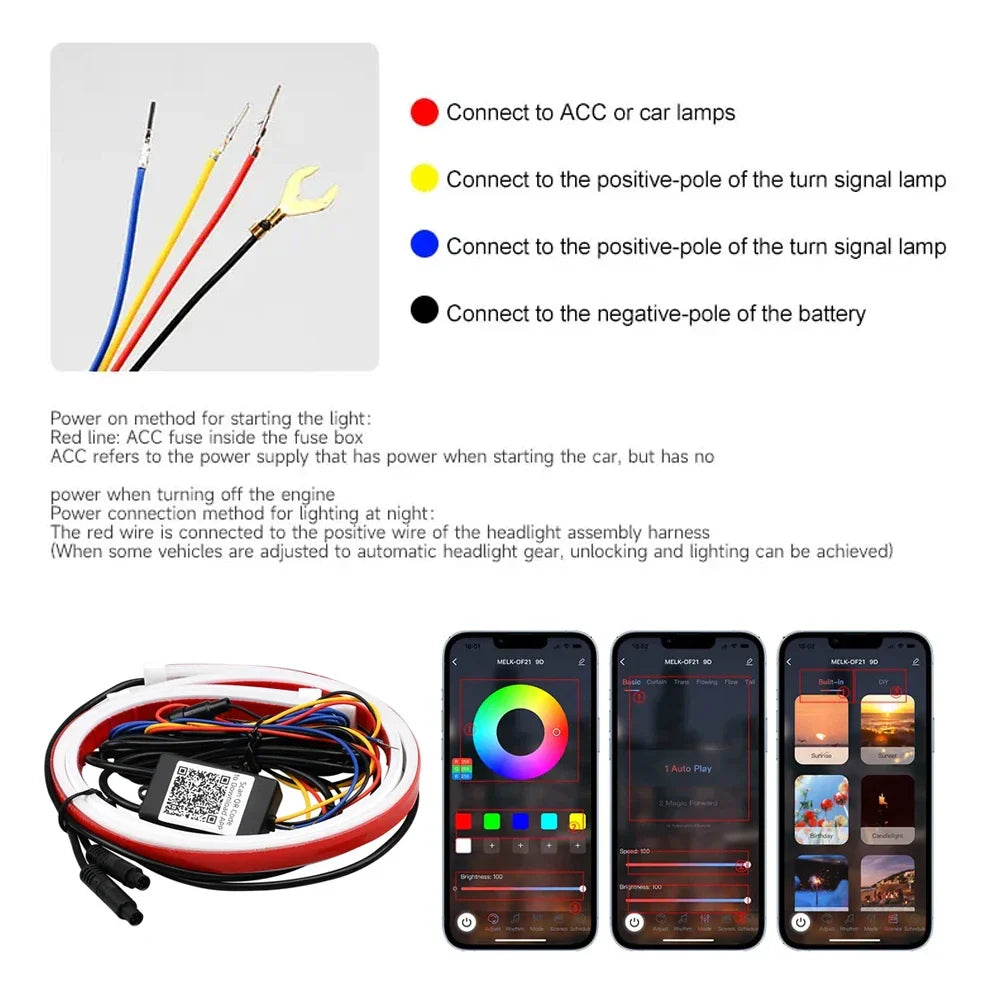 12V RGB LED Daytime Running Lights - APP Controlled, Ultra-thin Flexible Strip, 2 Pcs
