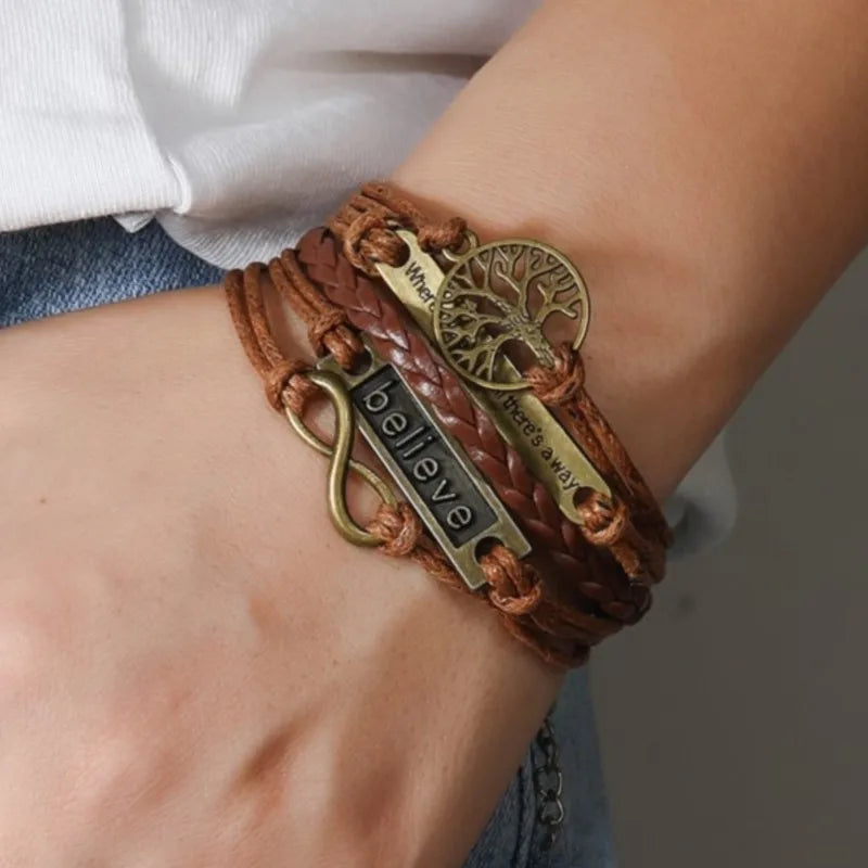 Brown Braided Wrap Leather Infinity Charm Bracelet Believe Tree of Life