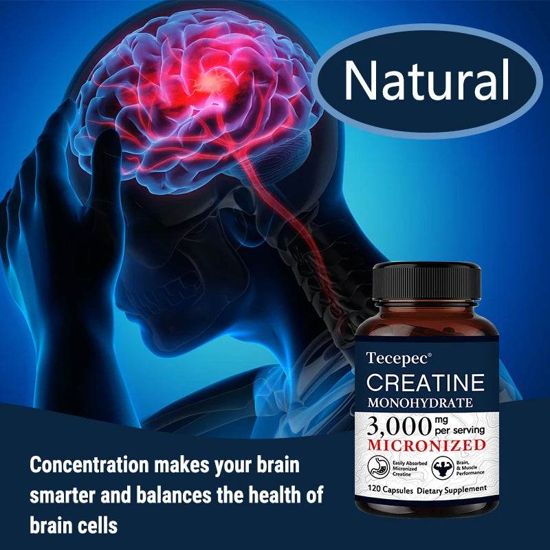 Creatine Monohydrate 3000 Mg Capsules, Supports Pre-Workout and Healthy Muscles, Focus & Memory, Easy To Absorb