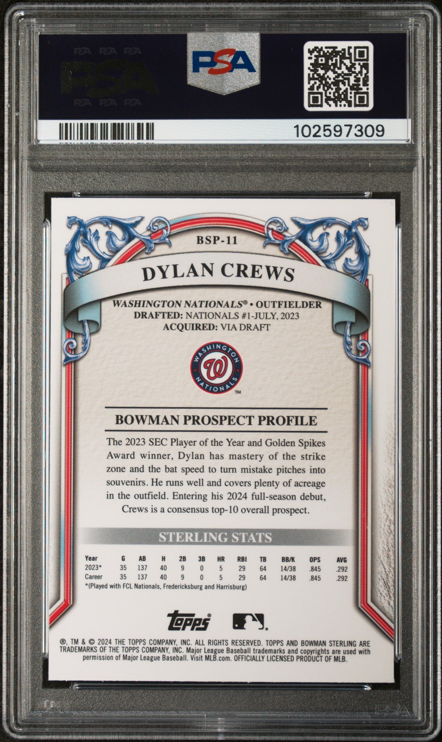 Graded 2024 Topps Bowman Sterling Dylan Crews #BSP11 Prospects Rookie RC Baseball Card PSA 9 Mint