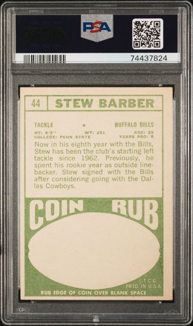 Graded 1968 Topps Stew Barber #44 Football Card PSA 5 Excellent