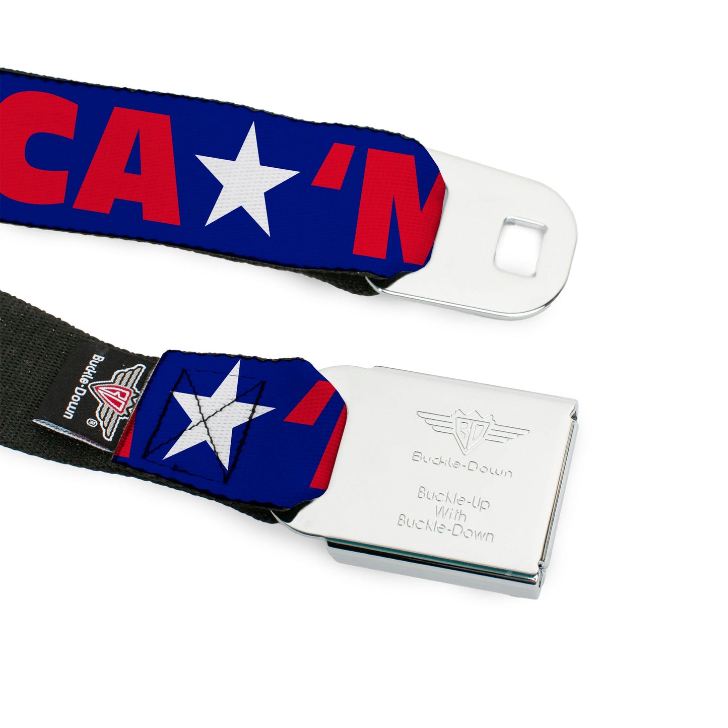 BD Wings Logo CLOSE-UP Full Color Black Silver Seatbelt Belt - 'MERICA/Star Blue/Red/White Webbing