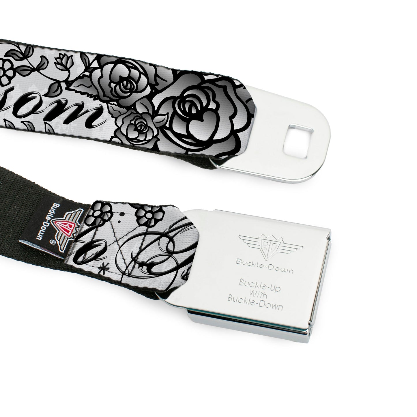 BD Wings Logo CLOSE-UP Full Color Black Silver Seatbelt Belt - Born to Blossom Black/White Webbing