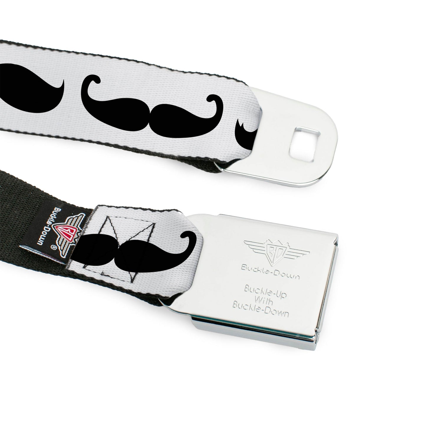 BD Wings Logo CLOSE-UP Full Color Black Silver Seatbelt Belt - Mustache Trio White/Black Webbing