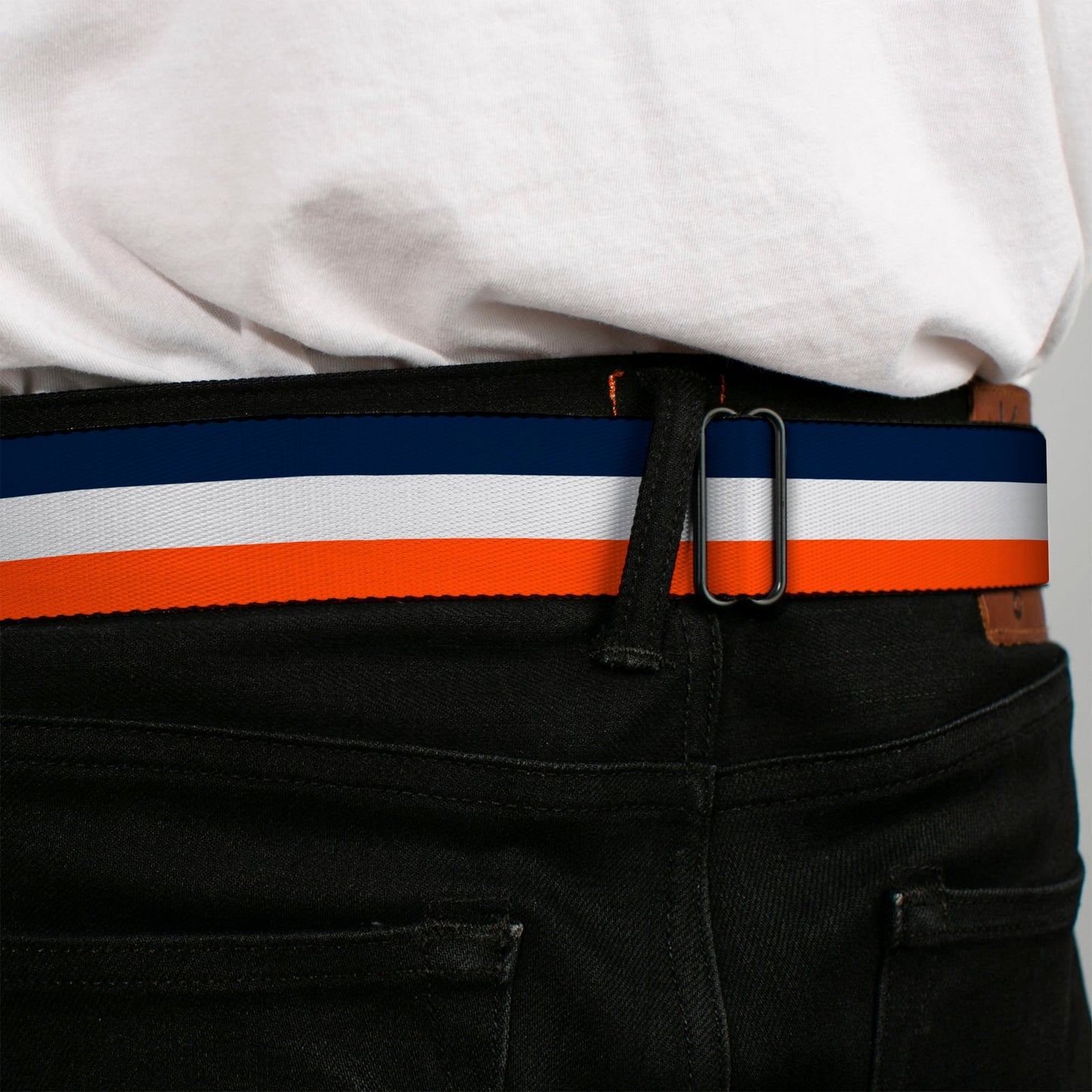 BD Wings Logo CLOSE-UP Full Color Black Silver Seatbelt Belt - Stripe Navy/White/Orange Webbing