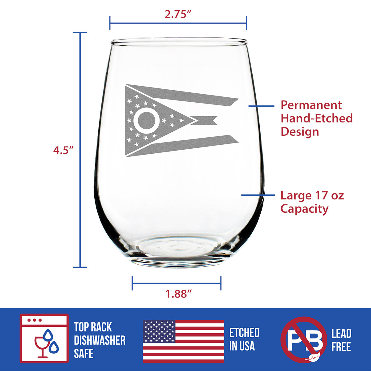 Ohio Flag Stemless Wine Glass - State Themed Drinking Decor and Gifts for Ohioan Women & Men - Large 17 Oz Glasses