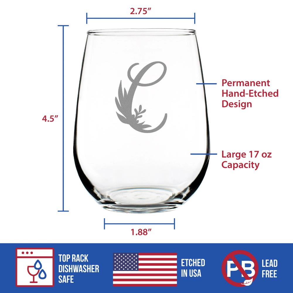 Monogram Floral Letter C - Stemless Wine Glass - Personalized Gifts for Women and Men - Large Engraved Glasses