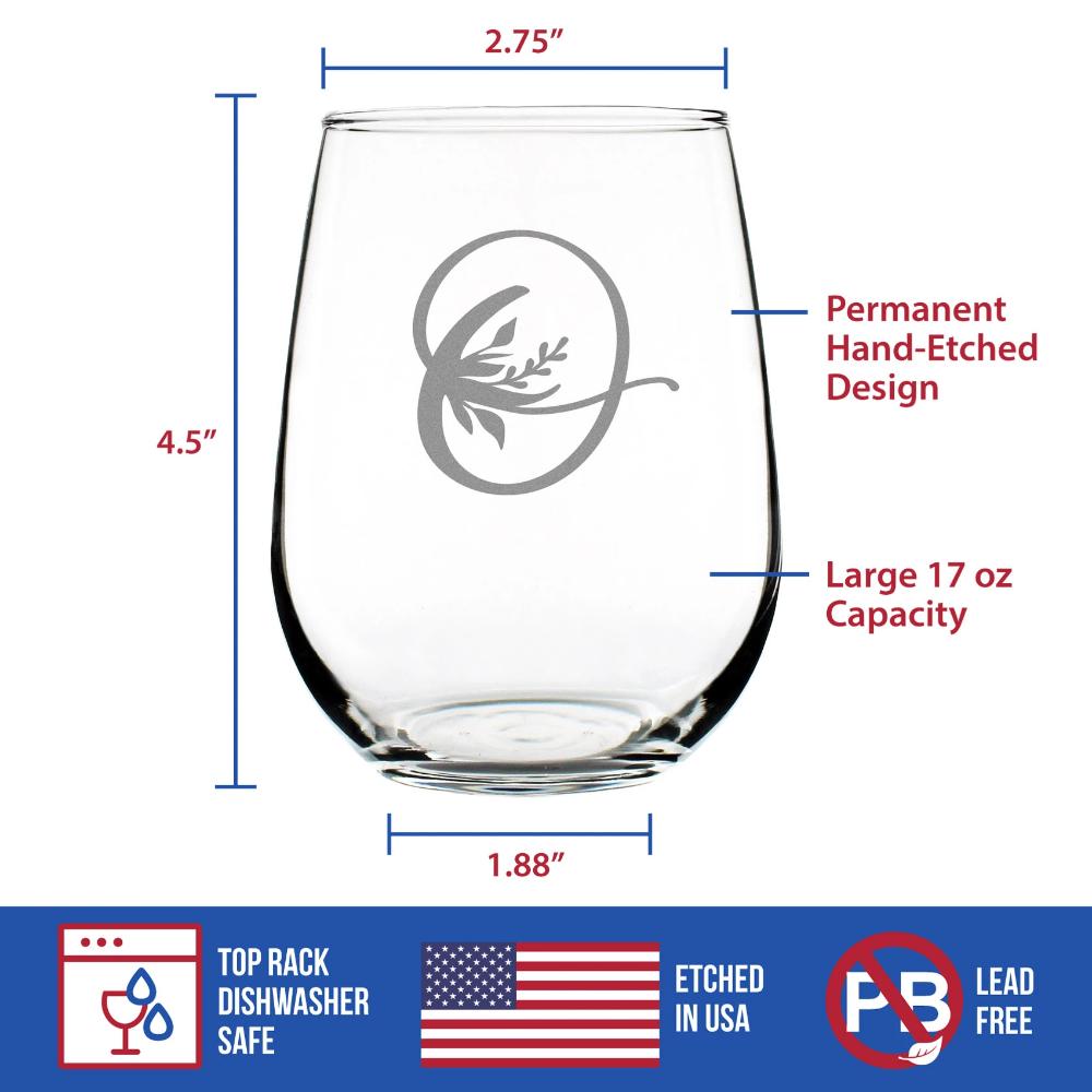 Monogram Floral Letter O - Stemless Wine Glass - Personalized Gifts for Women and Men - Large Engraved 17 Oz Glasses