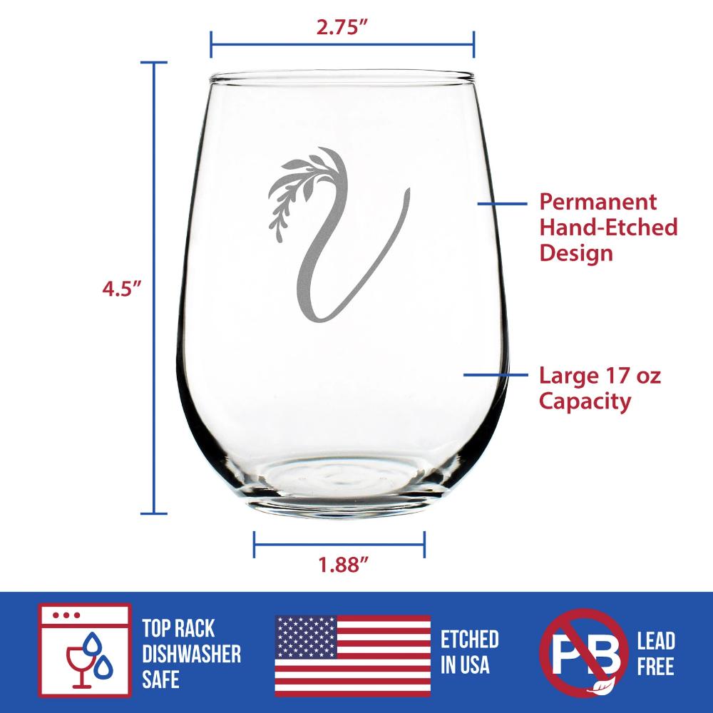 Monogram Floral Letter V - Stemless Wine Glass - Personalized Gifts for Women and Men - Large Engraved 17 Oz Glasses