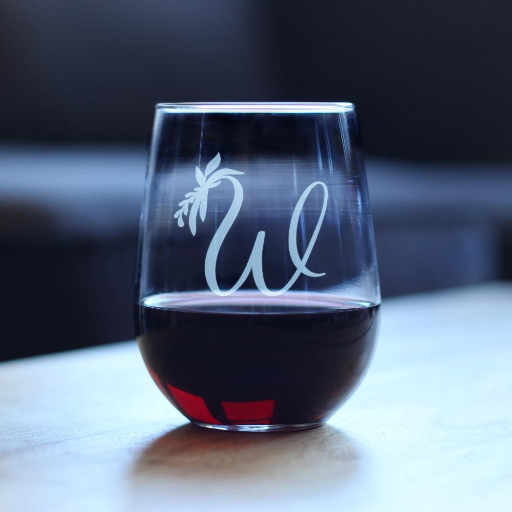 Monogram Floral Letter W - Stemless Wine Glass - Personalized Gifts for Women and Men - Large Engraved 17 Oz Glasses