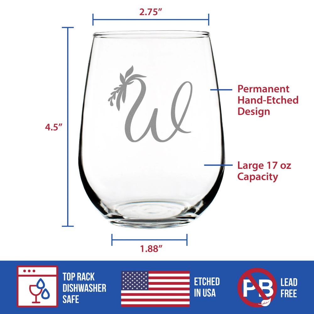 Monogram Floral Letter W - Stemless Wine Glass - Personalized Gifts for Women and Men - Large Engraved 17 Oz Glasses