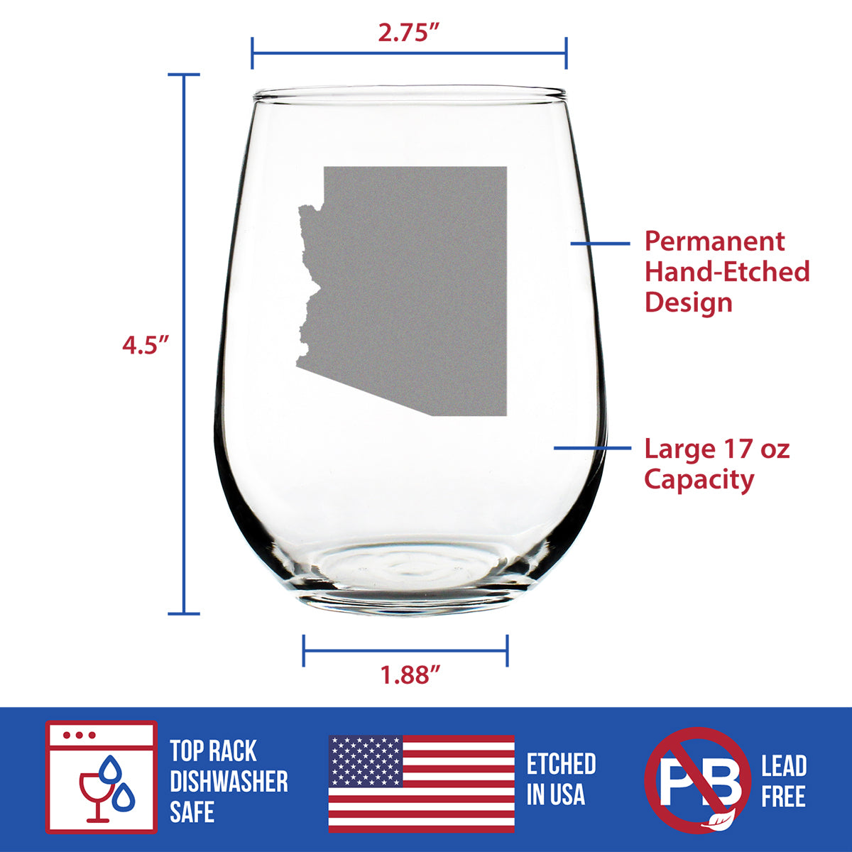 Arizona State Outline Stemless Wine Glass - State Themed Drinking Decor and Gifts for Arizonan Women & Men - Large 17 Oz Glasses