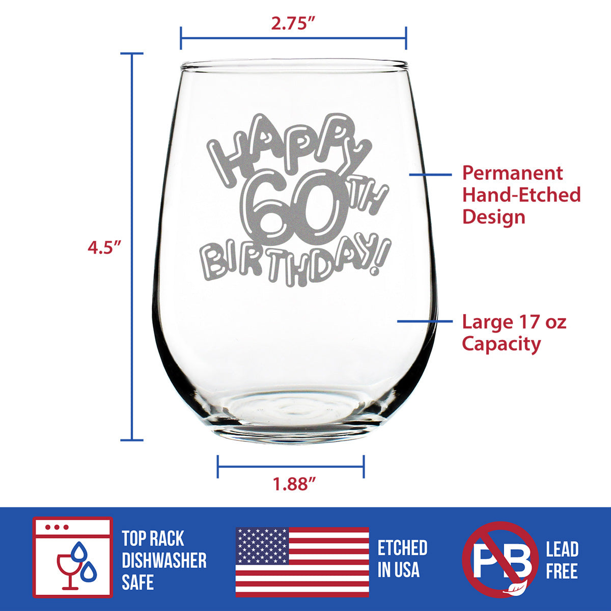 Happy 60th Birthday Balloons - Stemless Wine Glass Gifts for Women & Men Turning 60 - Bday Party Decor - Large Glasses 17 Oz