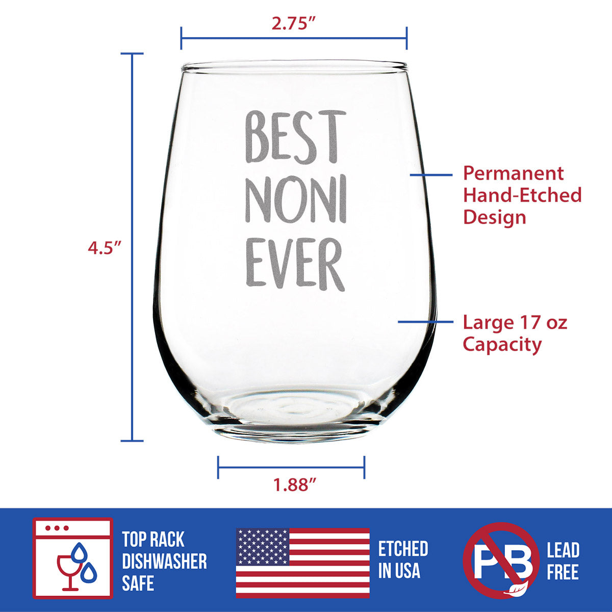 Best Noni Ever Cute Funny Stemless Wine Glass, Large 17 Ounce Size, Etched Sayings, Gift for Grandma