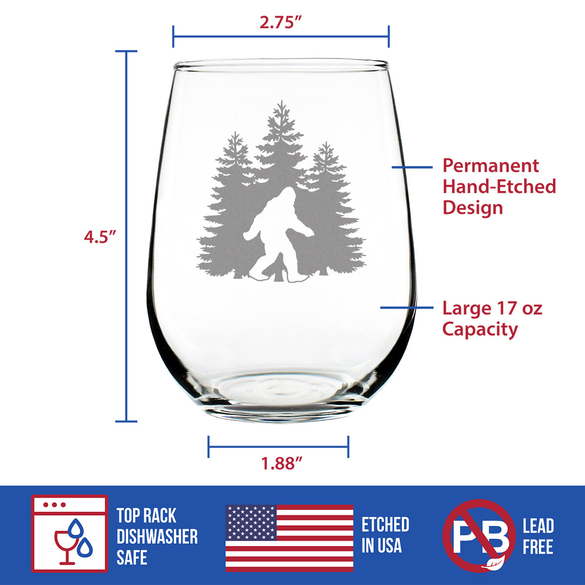 Bigfoot Engraved Stemless Wine Glass, Unique Sasquatch Themed Gifts, Funny Gift Idea for Outdoorsmen