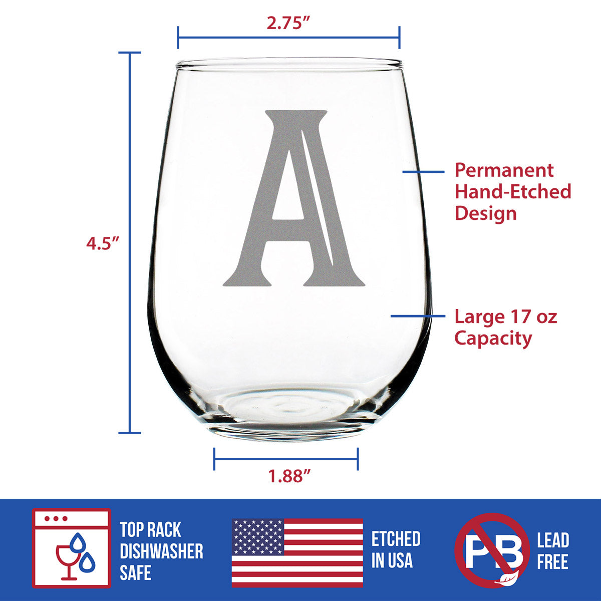 Monogram Bold Letter A - Stemless Wine Glass - Personalized Gifts for Women and Men - Large Engraved Glasses
