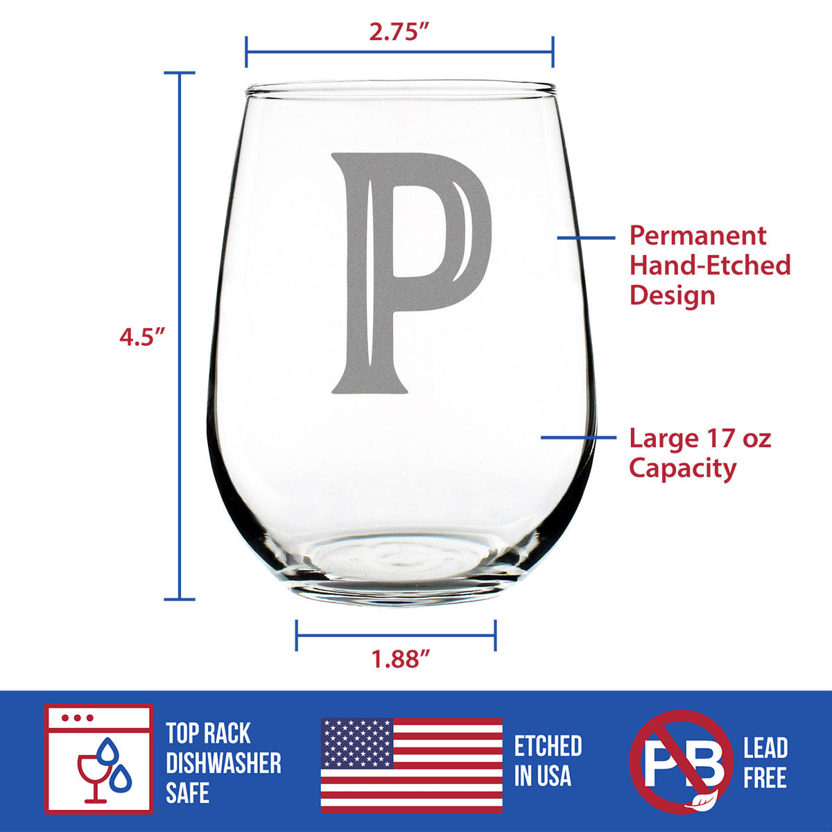 Monogram Bold Letter P - Stemless Wine Glass - Personalized Gifts for Women and Men - Large Engraved Glasses