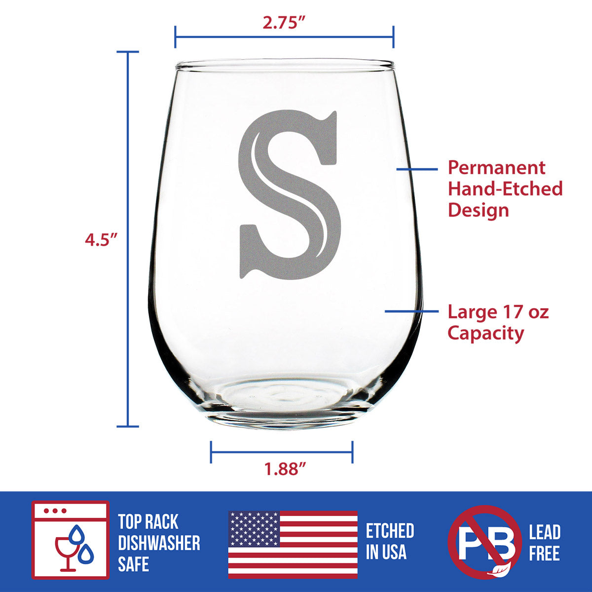 Monogram Bold Letter S - Stemless Wine Glass - Personalized Gifts for Women and Men - Large Engraved Glasses