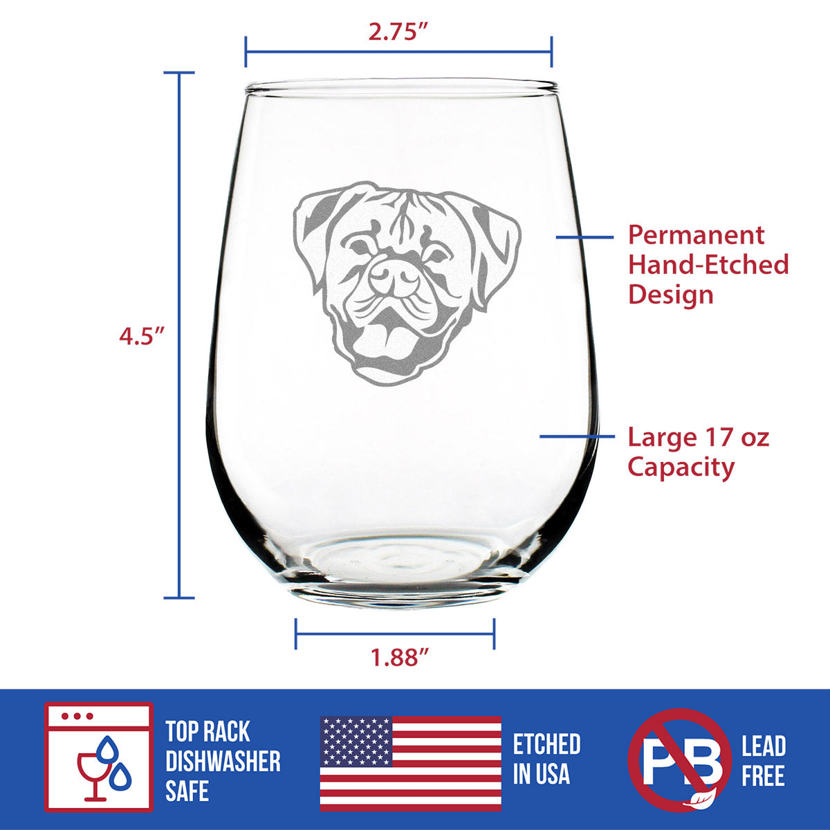 Boxer with Natural Ears - Stemless Wine Glass - Cute Boxer Themed Dog Gifts and Party Decor for Women and Men - Large Glasses