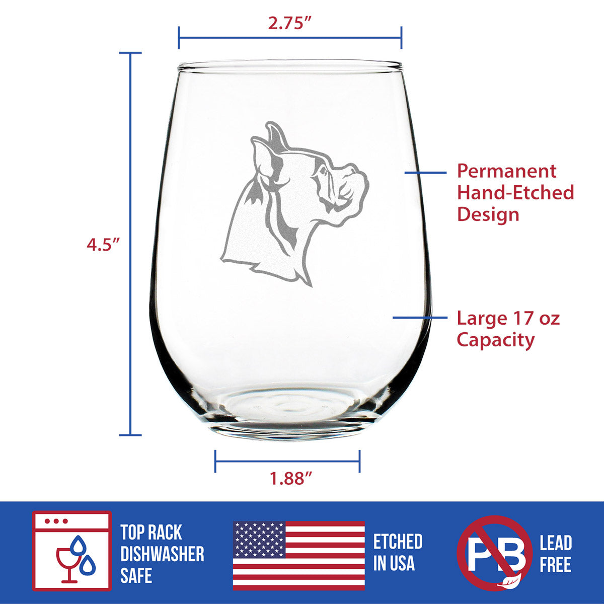 Boxer with Pointed Ears - Stemless Wine Glass - Cute Boxer Themed Dog Gifts and Party Decor for Women and Men - Large Glasses
