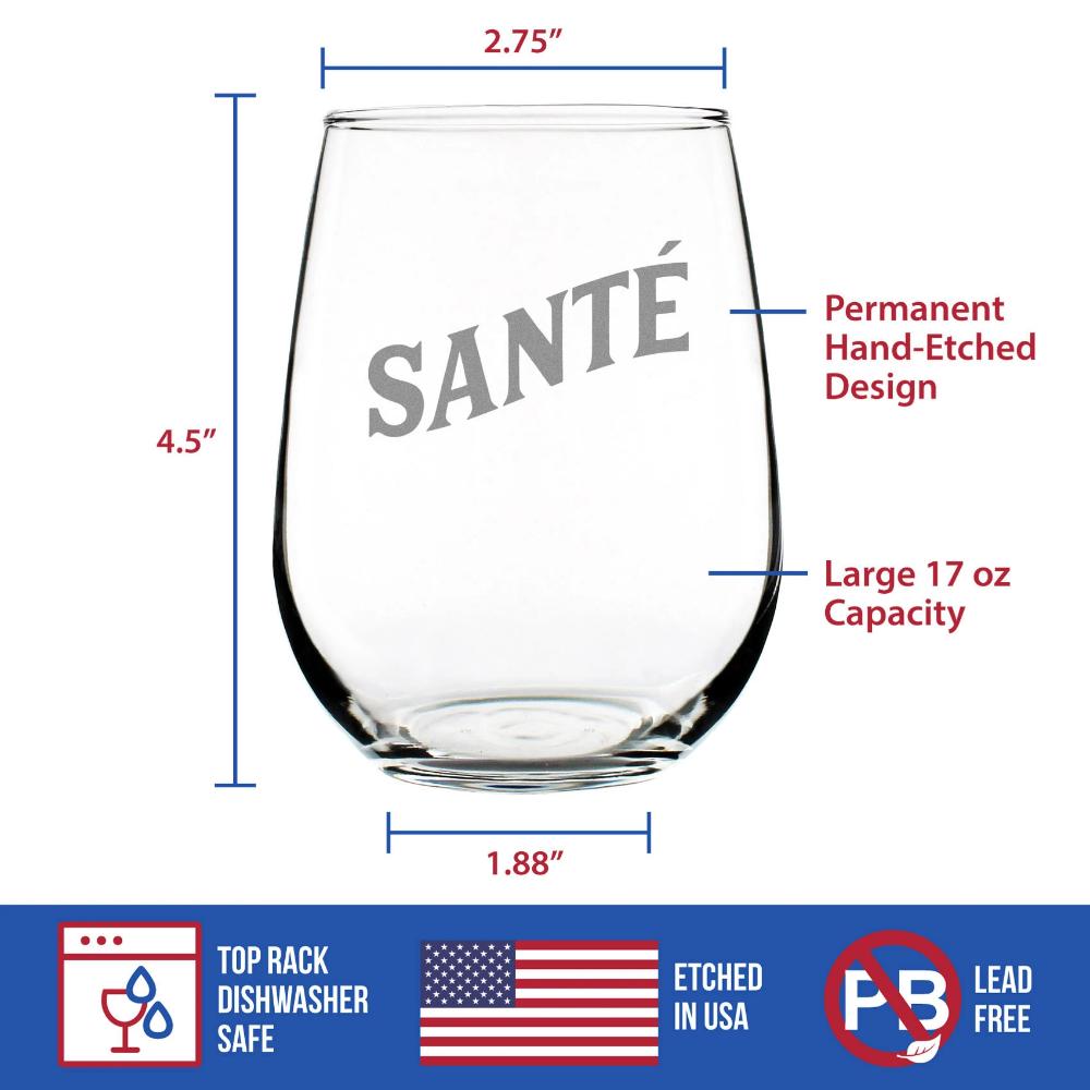 Sante - French Cheers - Stemless Wine Glass - Cute France Themed Gifts or Party Decor for Women and Men - Large