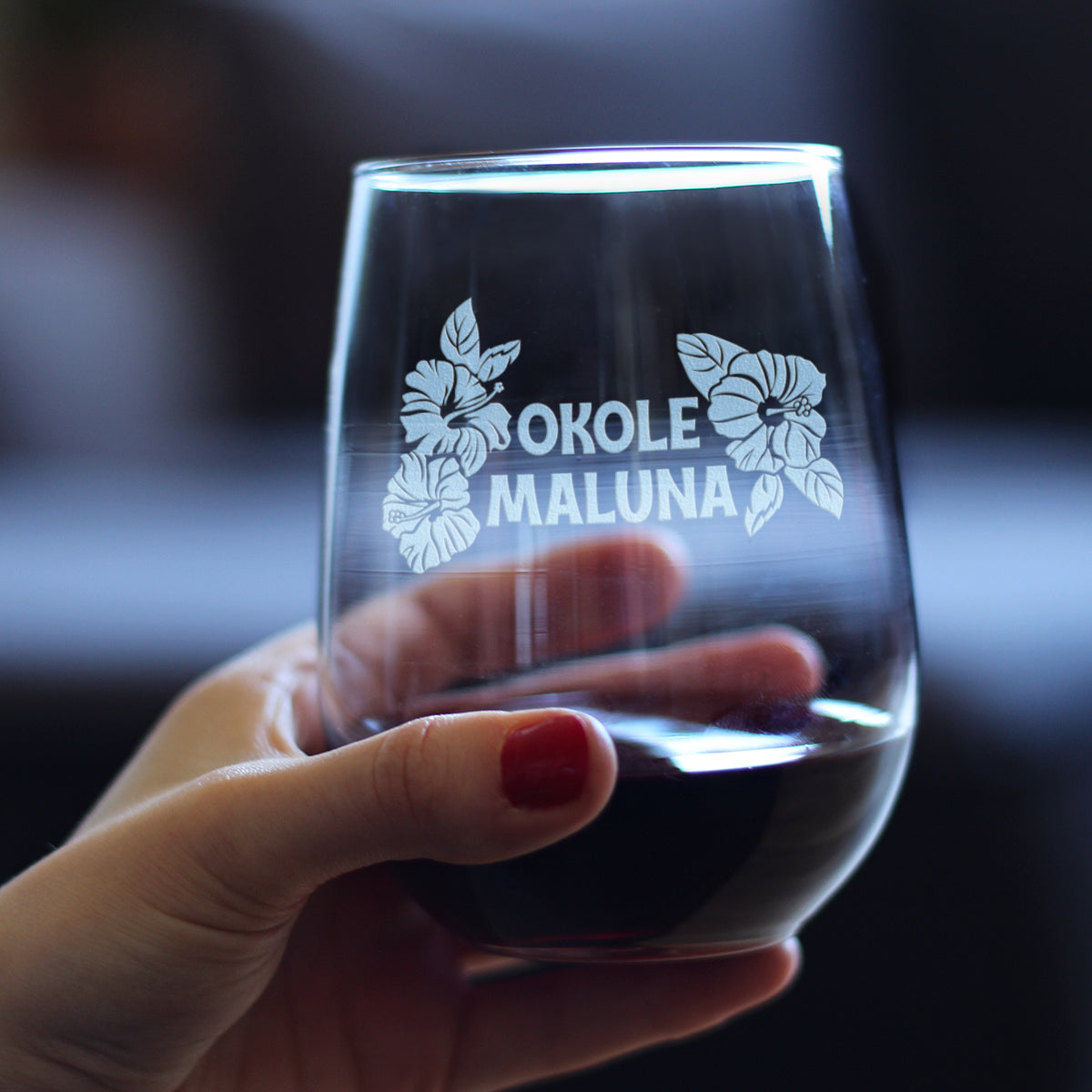 Okole Maluna Engraved Stemless Wine Glass, Hawaiian Cheers, Unique Party Cup for Men & Women Who Love Hawaii