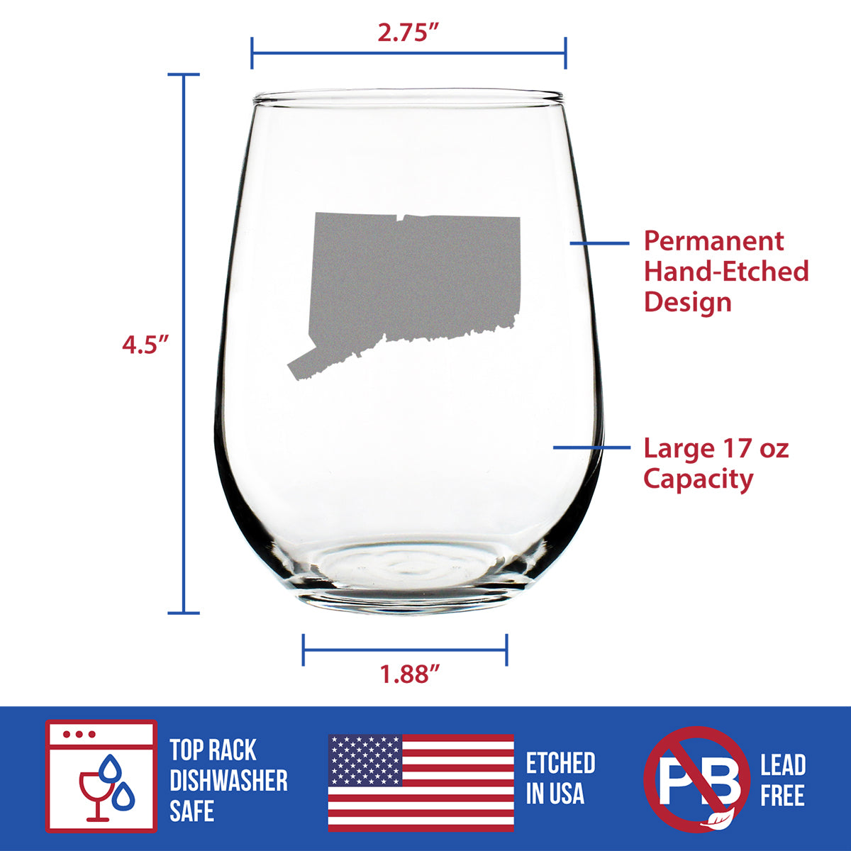 Connecticut State Outline Stemless Wine Glass - State Themed Drinking Decor and Gifts for Connecticuters and Nutmegger Women & Men - Large 17 Oz Glasses
