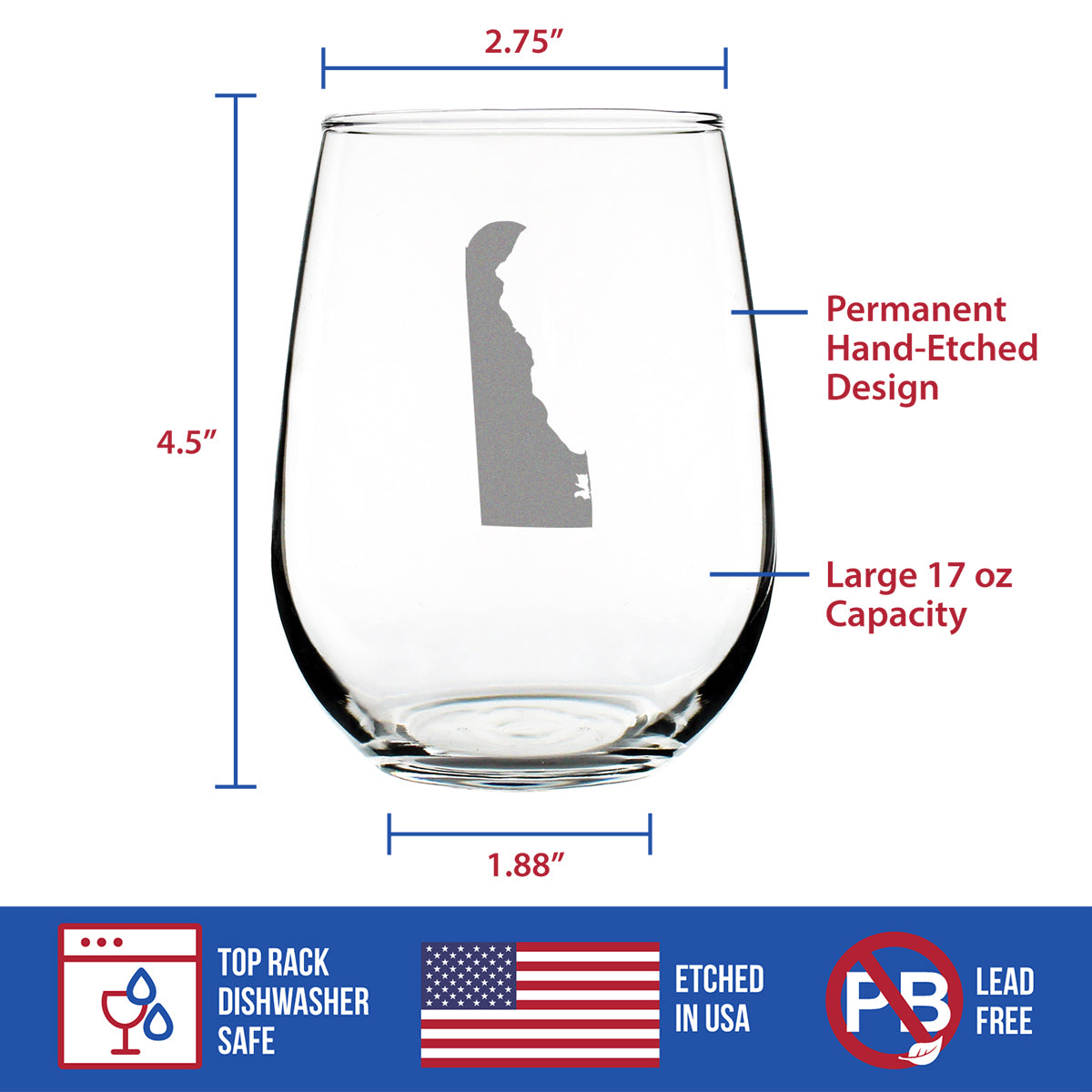 Delaware State Outline Stemless Wine Glass - State Themed Drinking Decor and Gifts for Delawarean Women & Men - Large 17 Oz Glasses
