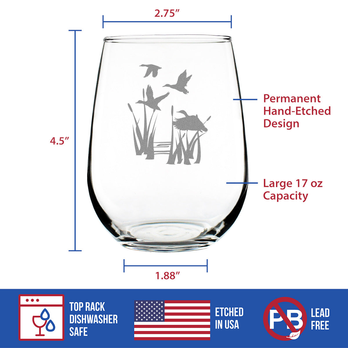 Duck Pond Stemless Wine Glass - Cabin Themed Gifts or Rustic Decor for Women and Men - Engraved Silhouette - Large