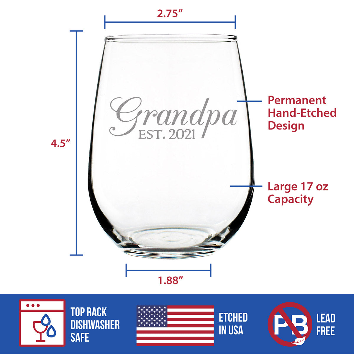 Grandpa Est 2021 - New Grandfather Stemless Wine Glass Gift for First Time Grandparents - Decorative 17 Oz Large Glasses