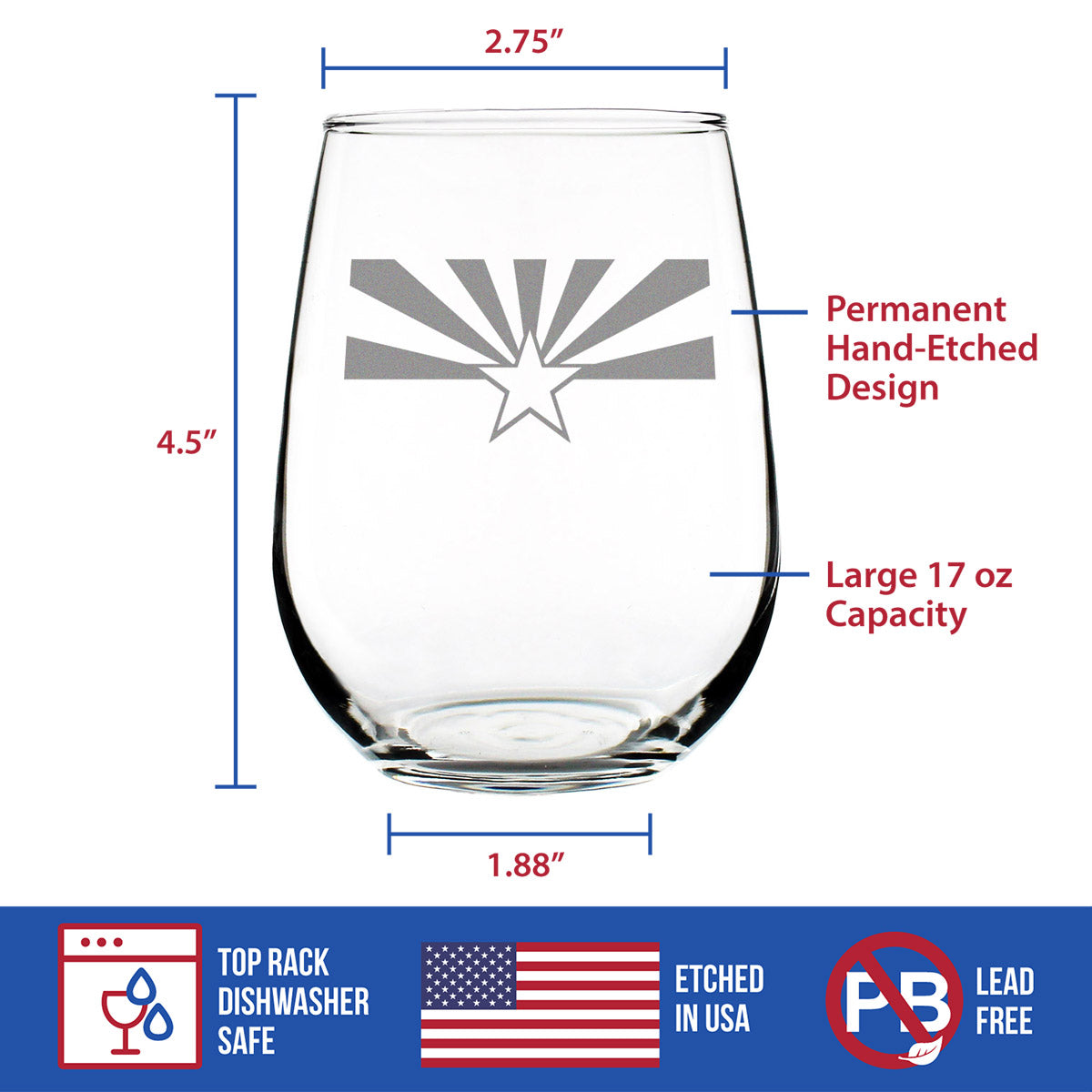 Arizona Flag Stemless Wine Glass - State Themed Drinking Decor and Gifts for Arizonan Women & Men - Large 17 Oz Glasses