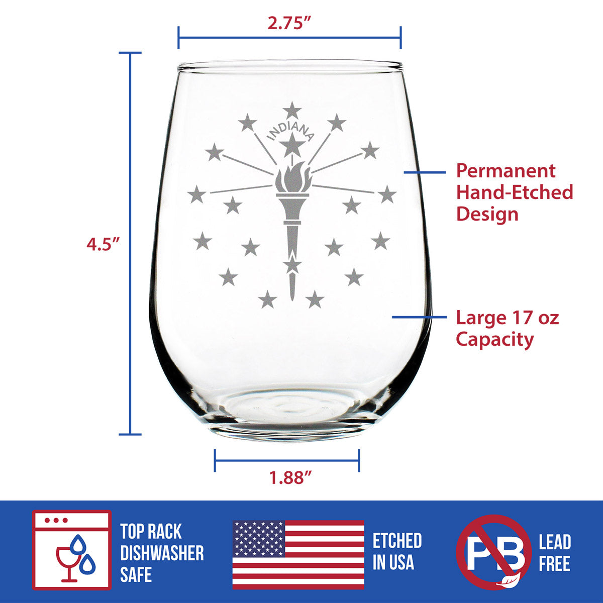 Indiana Flag Stemless Wine Glass - State Themed Drinking Decor and Gifts for Indianan Women & Men - Large 17 Oz Glasses