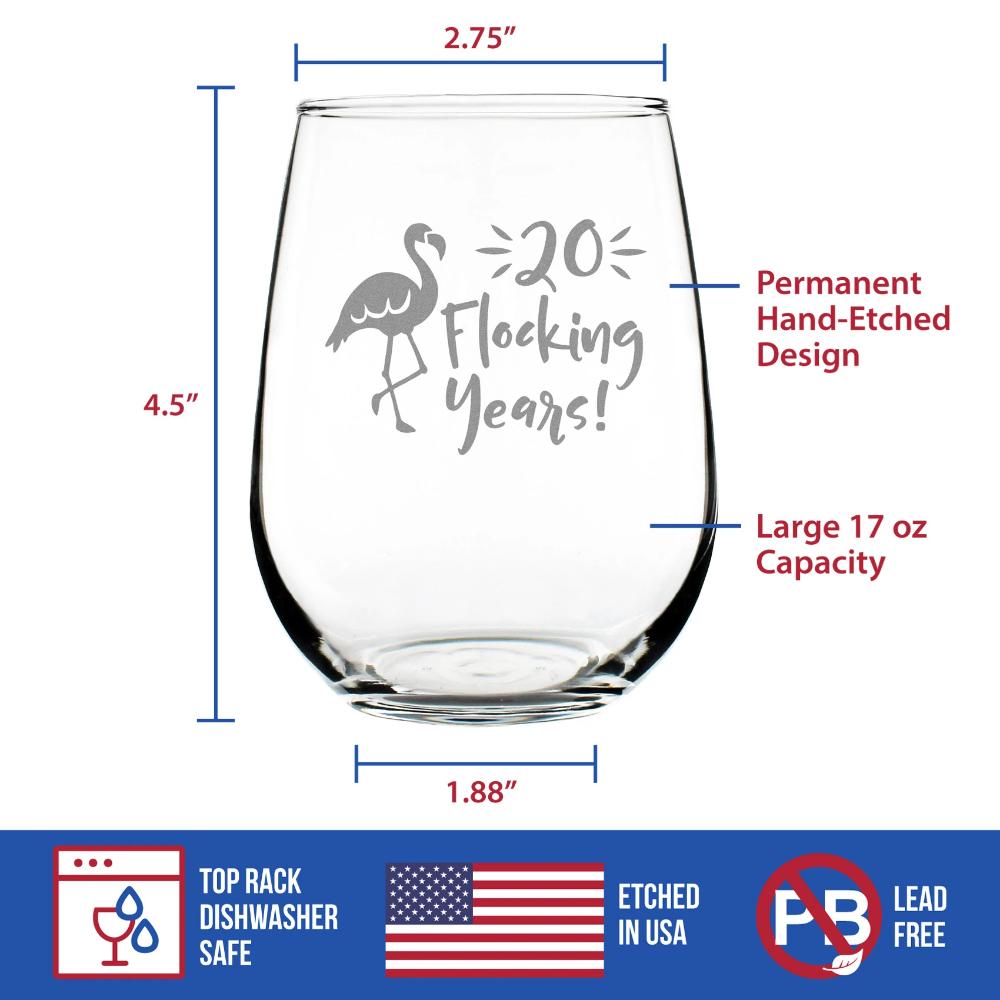 20 Flocking Years - Funny Flamingo Stemless Wine Glass Gift for 20th Wedding Anniversary or Reunion - Large